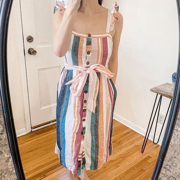 J Crew Button Up Midi Dress Mixed Stripe Linen 4 - Picture 1 of 8